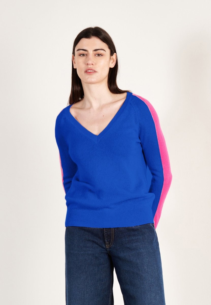Pull col V cachemire bleu pétrole/rose indien femme - RIA 1
