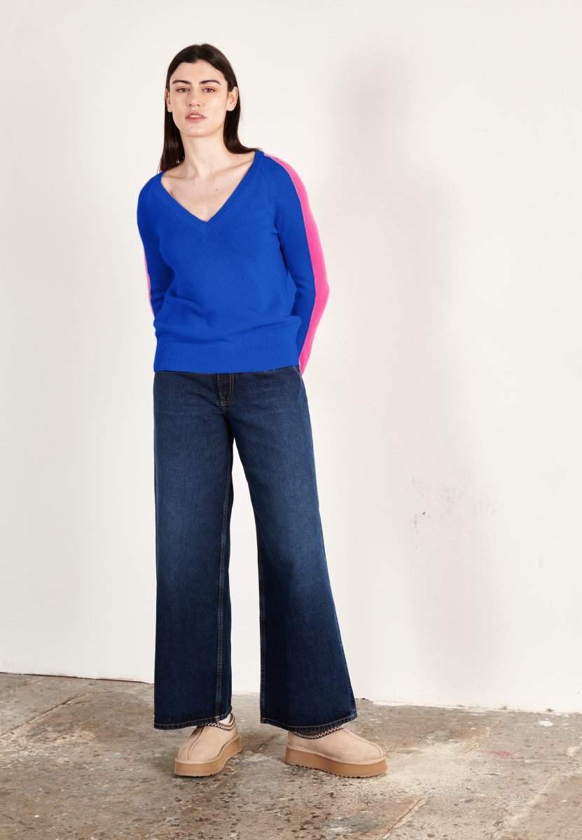 Pull col V cachemire bleu pétrole/rose indien femme - RIA 1