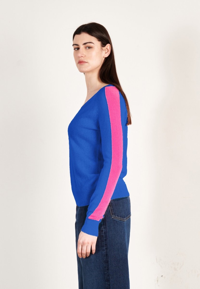 Pull col V cachemire bleu pétrole/rose indien femme - RIA 1