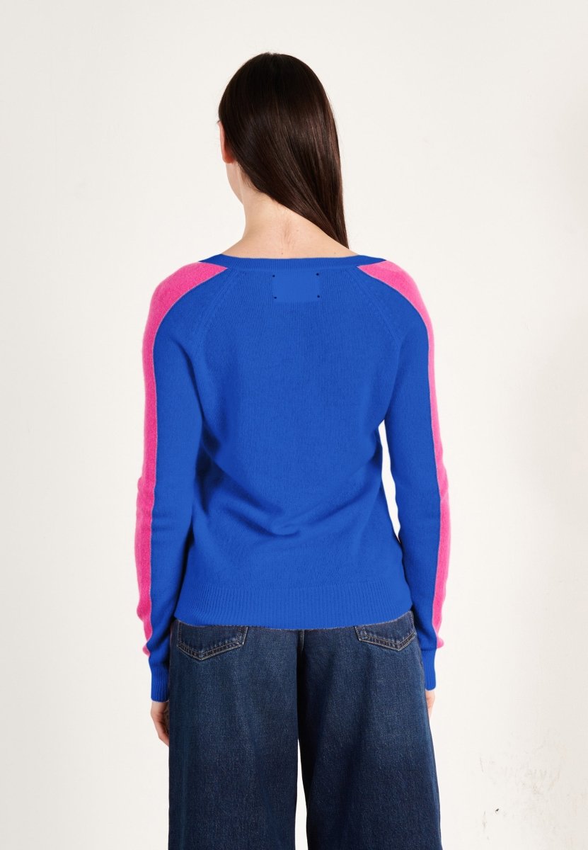 Pull col V cachemire bleu pétrole/rose indien femme - RIA 1